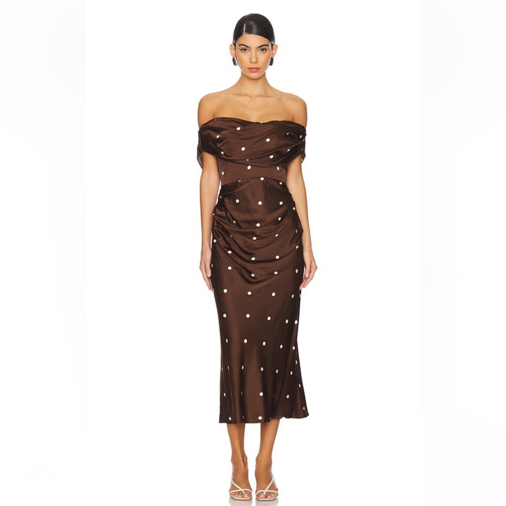 LPA Luisa Midi Dress Brown & CreamPolka Dot satin Revolve NWT XS - Picture 4 of 11